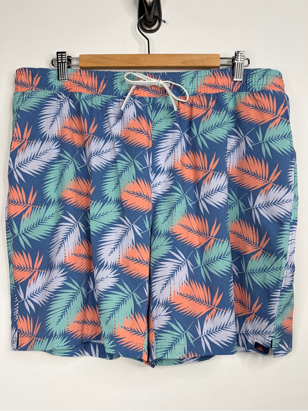 Faherty Navy Swim Shorts with Coral & Mint Leaf Print